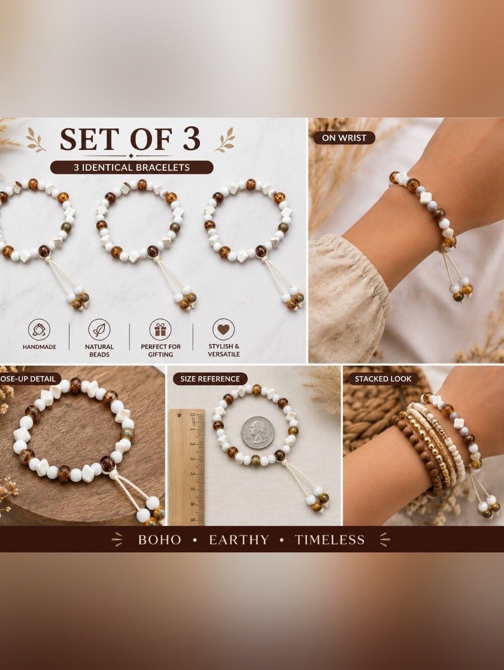Boho White and Brown Beaded Bracelet Set of 3